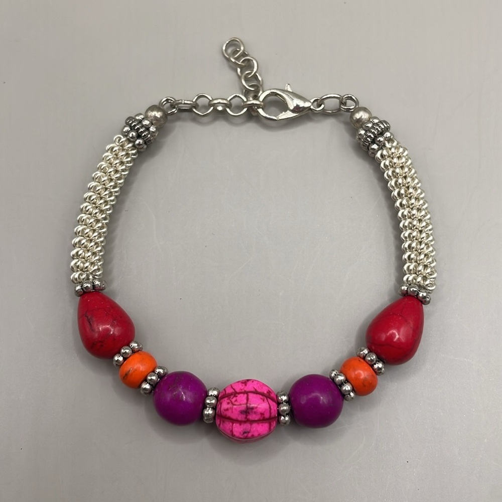Vintage Silver Tone Multicolor Beaded Bangle Cuff Statement Bracelet
